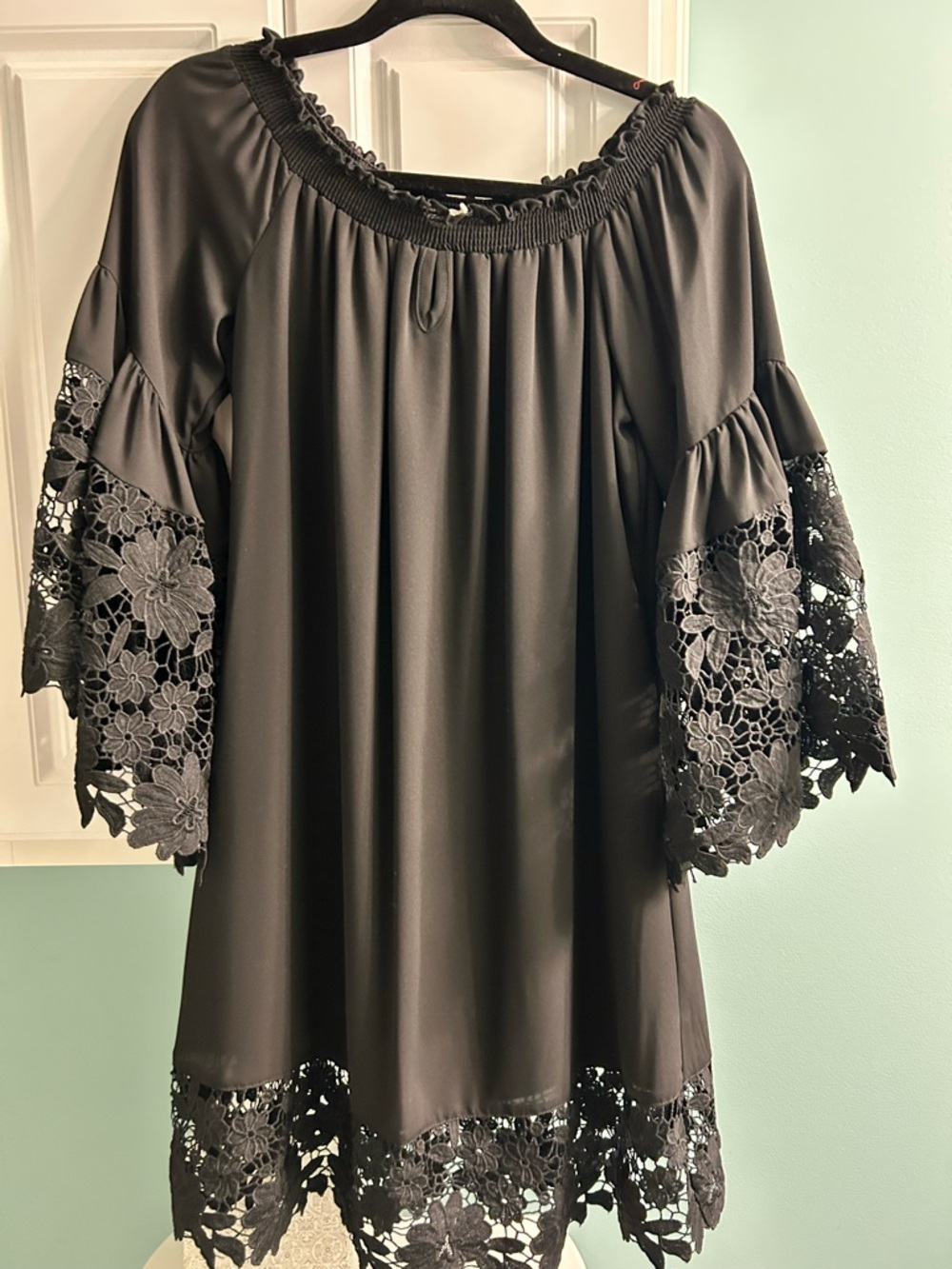 Joseph Ribkoff Black Mini Dress with Floral Lace Trim